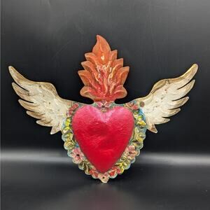 Large Sacred Heart Wall Decor – Folk Art with Wings and Flame – Hand-Painted